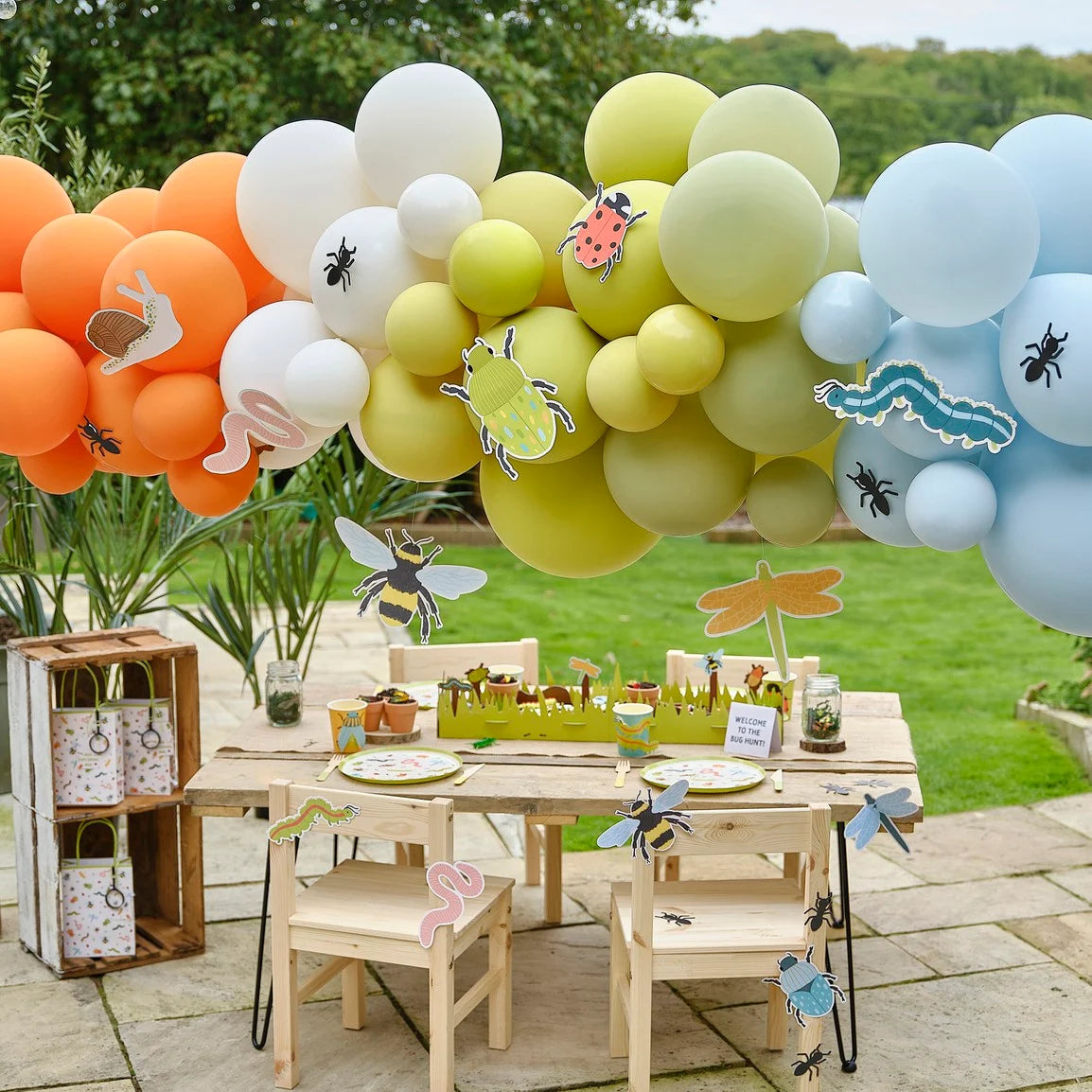 Orange, Cream, Green & Blue Bug Party Balloon Arch with Card Bugs