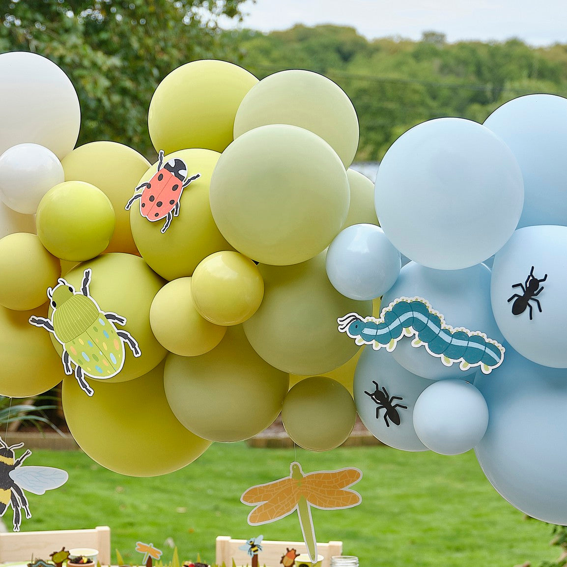 Orange, Cream, Green & Blue Bug Party Balloon Arch with Card Bugs