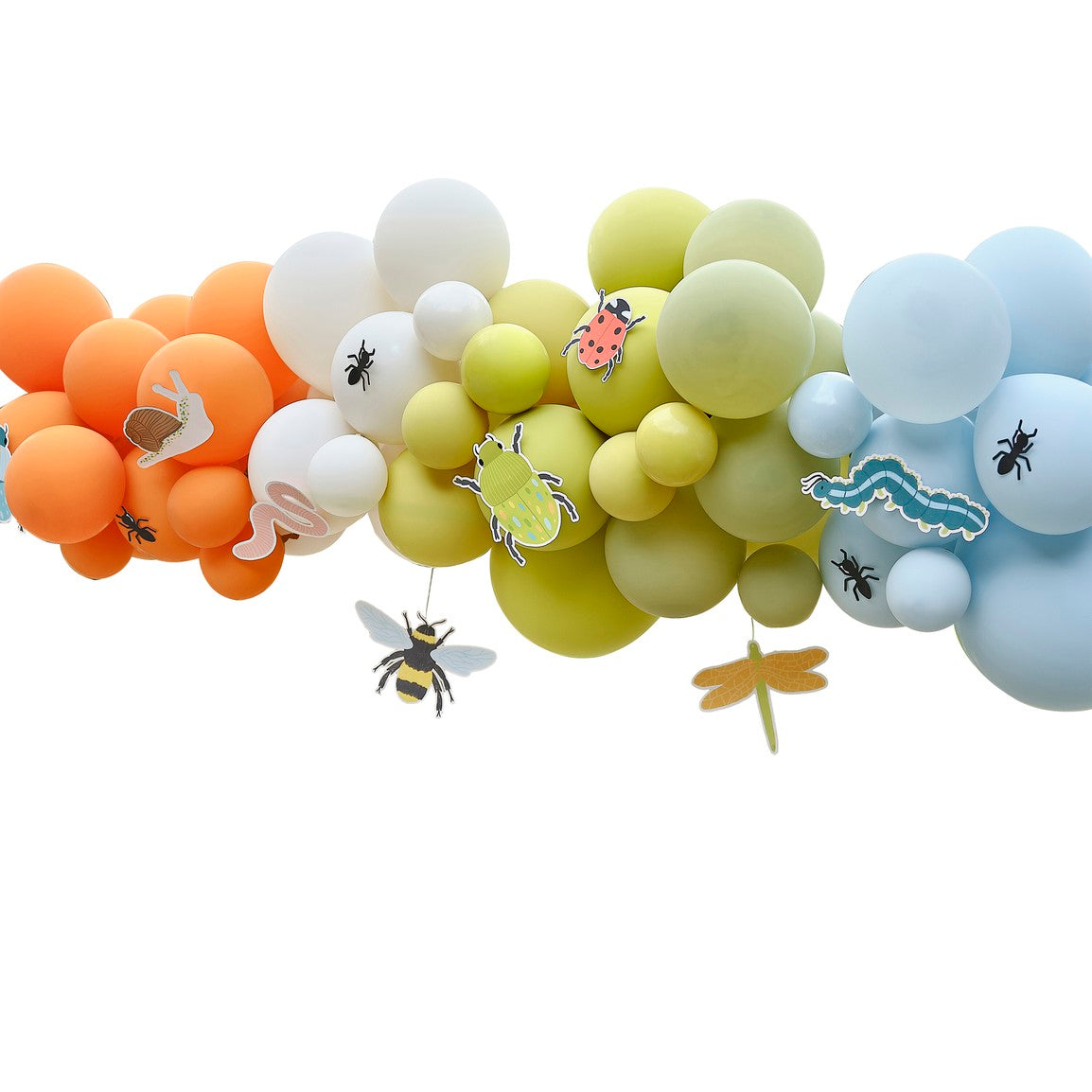 Orange, Cream, Green & Blue Bug Party Balloon Arch with Card Bugs