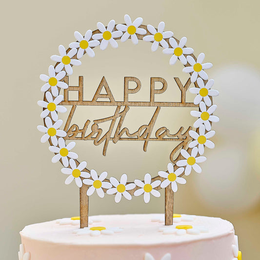 Wooden Happy birthday Cake topper with Daisies